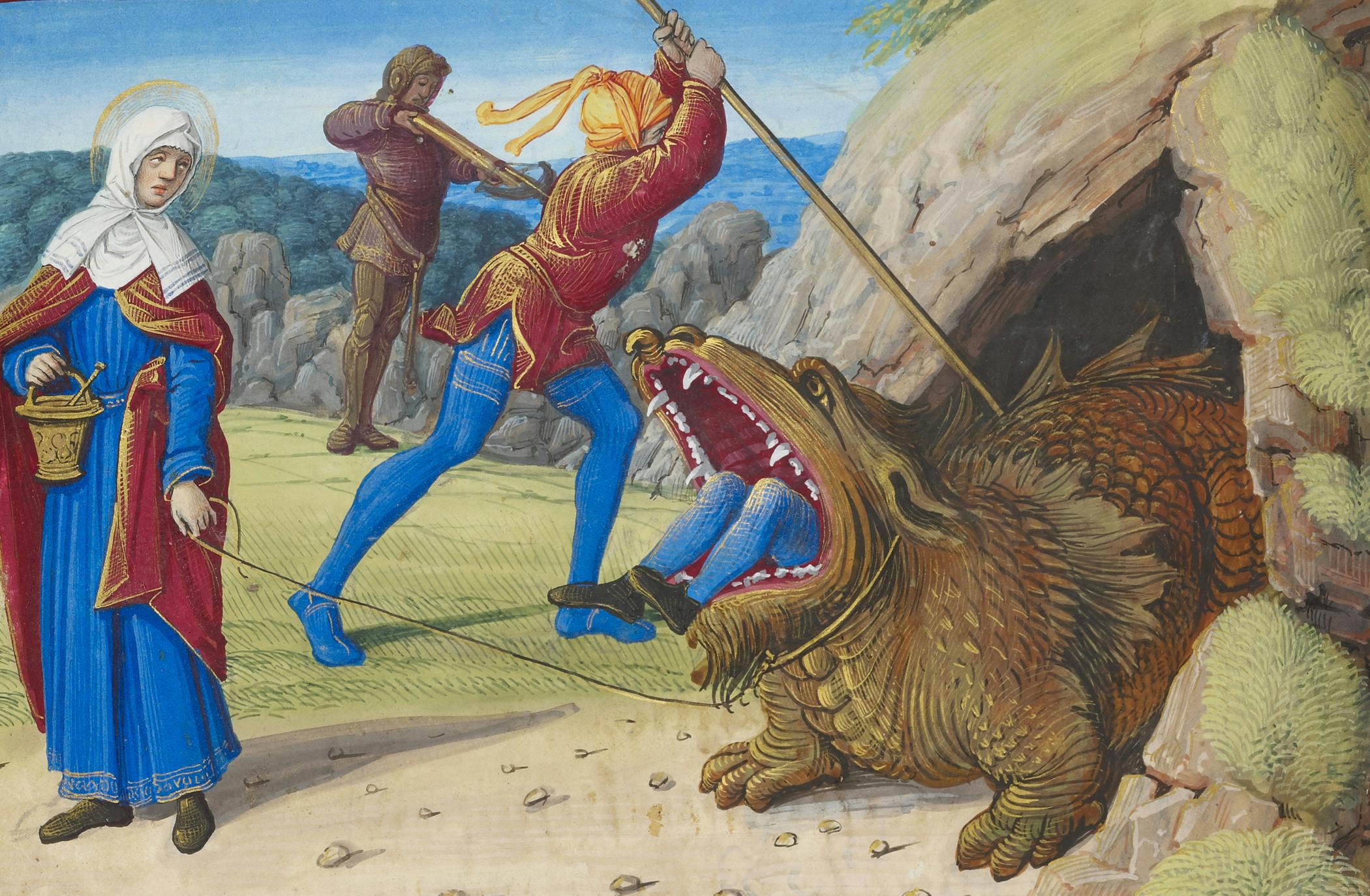 A medieval maiden in front of a man with a crossbow and a man with a lance stabbing a monster (swallowing another man whose legs are in mouth of the monster)