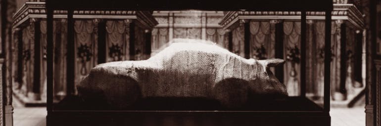 Mummified Porsche, from the Area of the Tomb of Horemheb, Saqqara, Egypt (R3/=) (detail), 1986. Patrick Nagatani (American, b. 1945). Toned gelatin silver print; 15.1 x 20 cm. The Cleveland Museum of Art, Gift of George Stephanopoulos 2012.340.